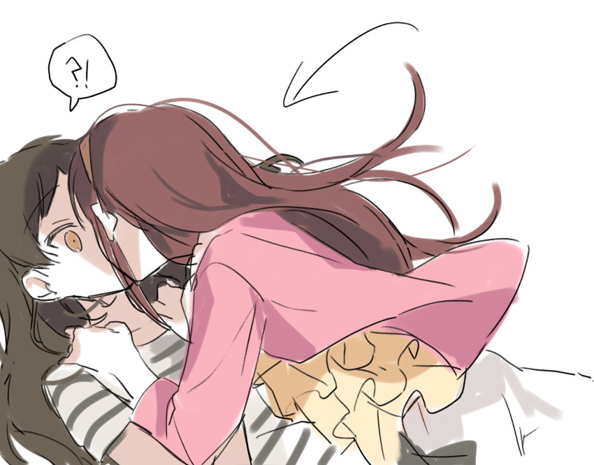 !? 2girls arrow_(symbol) brown_hair floating_hair hano9789 highres idolmaster idolmaster_million_live! jacket kiss kitazawa_shiho long_hair long_sleeves multiple_girls pink_jacket shirt short_sleeves simple_background speech_bubble striped_clothes striped_shirt tanaka_kotoha white_background yuri