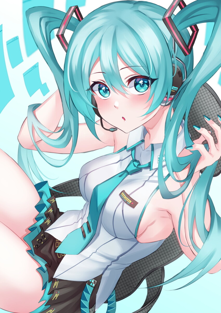 1girl :o aqua_eyes aqua_hair aqua_necktie armpits black_skirt blush breasts chair collared_shirt dutch_angle from_above hair_ornament hands_in_hair hands_up hatsune_miku hatsune_miku_(vocaloid3) headset highres inue_ao long_hair looking_at_viewer medium_breasts miniskirt nail_polish necktie office_chair parted_lips shirt sideboob sitting skirt sleeveless sleeveless_shirt solo swivel_chair thighs vocaloid white_shirt