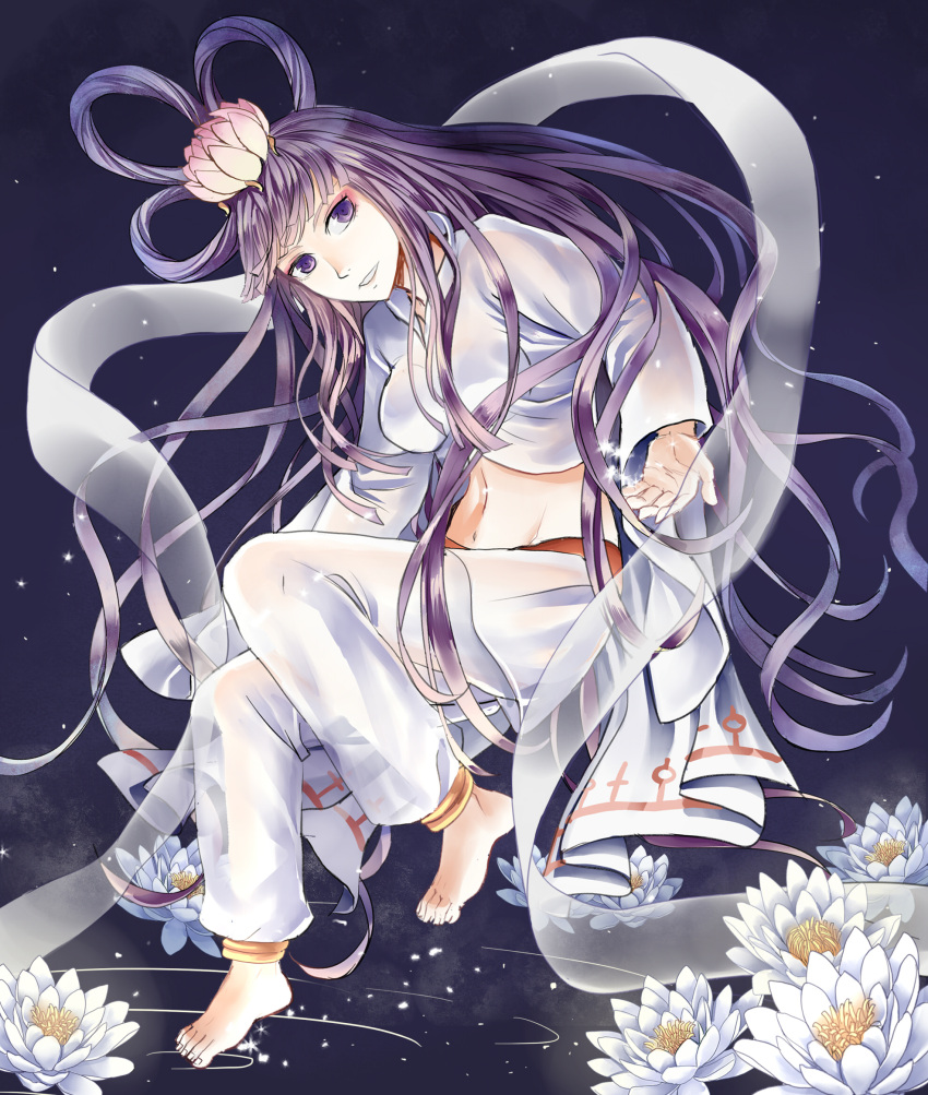 1girl barefoot breasts commentary_request crop_top evil_nymph flower ftf full_body hagoromo hair_flower hair_ornament hair_rings highres long_hair long_sleeves looking_at_viewer lotus medium_breasts midriff navel pants pink_flower purple_background purple_eyes purple_hair ragnarok_online ripples shawl shirt smile solo very_long_hair white_flower white_pants white_shirt