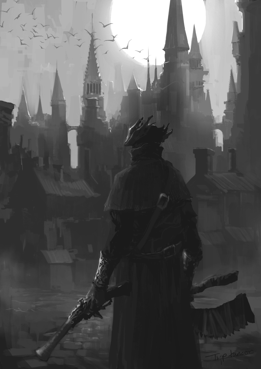 1other ambiguous_gender animal bird bloodborne capelet city gloves gun hat highres holding holding_gun holding_weapon hunter_(bloodborne) jacket long_sleeves moon outdoors saw saw_cleaver tricorne tripdancer weapon
