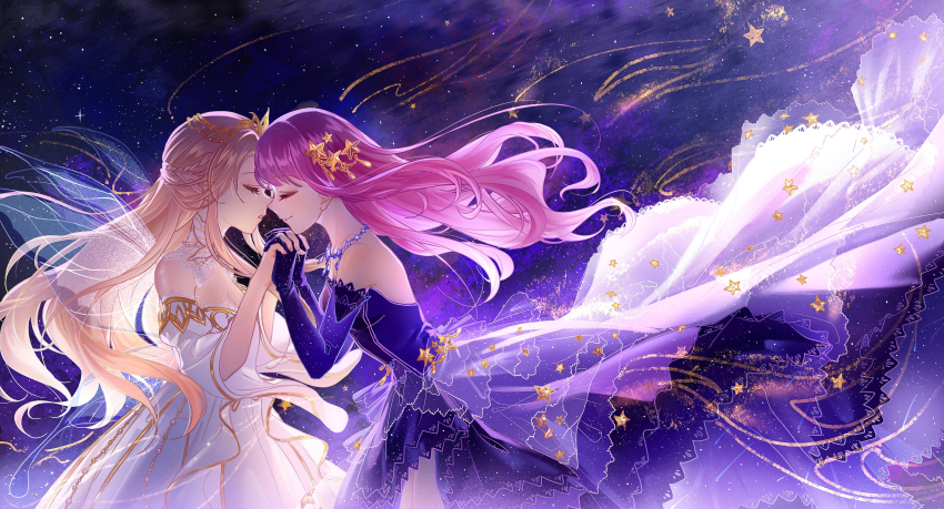 2girls absurdres blonde_hair blunt_bangs braid closed_eyes commentary_request confeitoo crown dress elbow_gloves elf fairy fairy_wings floating_hair formal_clothes galaxy gloves gold_trim gown hair_ornament highres holding_hands imminent_kiss interlocked_fingers jewelry lace_trim layered_dress long_dress long_hair multiple_girls necklace night night_sky nikki_(nikki) nikki_(series) noses_touching off-shoulder_dress off_shoulder ophelia_(shining_nikki) pink_hair pointy_ears purple_background purple_dress purple_gloves purple_sky shining_nikki shirt shooting_star sky sleeveless sleeveless_shirt smile space star_(sky) star_(symbol) star_hair_ornament star_ornament star_sea_(nikki) starry_sky white_dress wings yuri