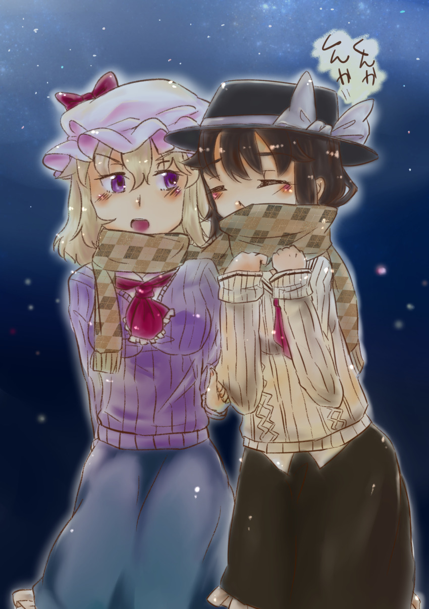 2girls absurdres asahapino blush commission highres maribel_hearn multiple_girls pixiv_commission scarf shared_clothes shared_scarf snowing touhou usami_renko yuri