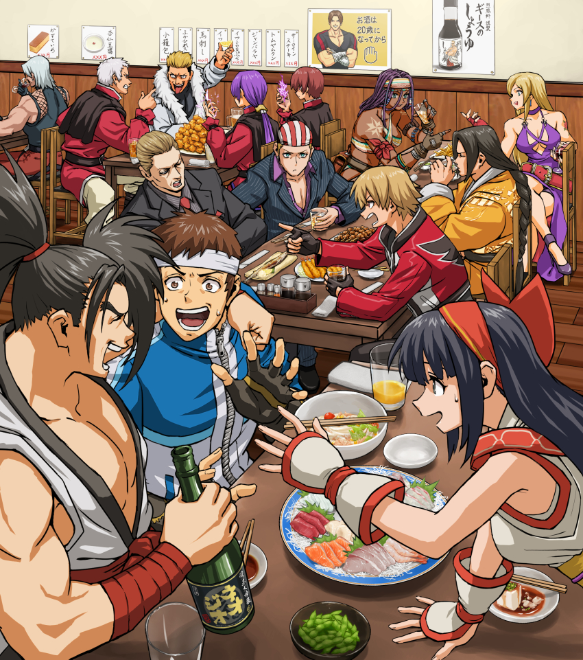 4girls 6+boys absurdres arm_around_shoulder arm_tattoo bandana bare_shoulders billy_kane black_hair blonde_hair blue_eyes bottle bowl braid braided_ponytail breasts brown_eyes brown_hair chair chopsticks chris_(kof) cleavage closed_eyes coat crossed_arms crossed_legs crossover cup dark-skinned_female dark_skin darli_dagger dress drinking drinking_glass eating fatal_fury fingerless_gloves food formal_clothes fur-trimmed_coat fur_trim garou:_mark_of_the_wolves gato_(snk) geese_howard gloves grey_hair haohmaru headband high_heels highres indoors jacket b._jenet kim_kaphwan large_breasts long_hair matching_hair/eyes midriff multicolored_hair multiple_boys multiple_girls muscular muscular_male nakoruru nanakase_yashiro open_mouth pointing poster_(object) purple_hair red_headband restaurant rock_howard rugal_bernstein sake_bottle samurai_spirits shermie_(kof) short_hair sitting snk suit sweatdrop table tattoo teeth the_king_of_fighters the_king_of_fighters_xv tongue tongue_out two-tone_hair upper_teeth_only white_hair white_headband wooden_chair wooden_floor x_chitch yabuki_shingo yamazaki_ryuuji