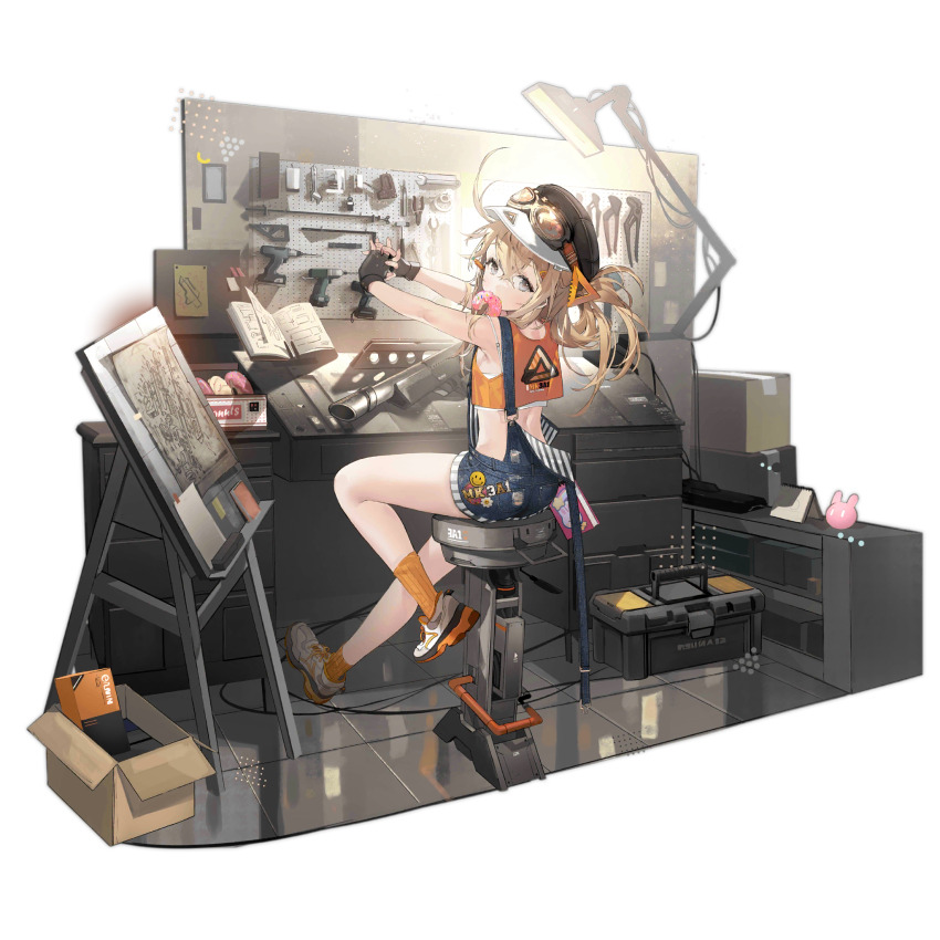 1girl automatic_shotgun black_gloves black_hat blonde_hair blow-forward_firearm blue_overalls book bullpup camisole character_name commentary copyright_name denim denim_shorts donut english_commentary fingerless_gloves food full_body gas-seal_revolver girls&#039;_frontline gloves goggles goggles_on_head gun hat highres long_hair looking_at_viewer mk3a1_(girls&#039;_frontline) mk3a1_(the_art_of_mk3a1_maintenance)_(girls&#039;_frontline) namyo newsboy_cap official_alternate_costume official_art open_book orange_socks overalls pancor_jackhammer_mk3a1 promotional_art prototype_design purple_eyes revolver_shotgun shoes shorts shotgun sitting sneakers socks solo stretching suspenders toolbox transparent_background weapon white_camisole white_shoes
