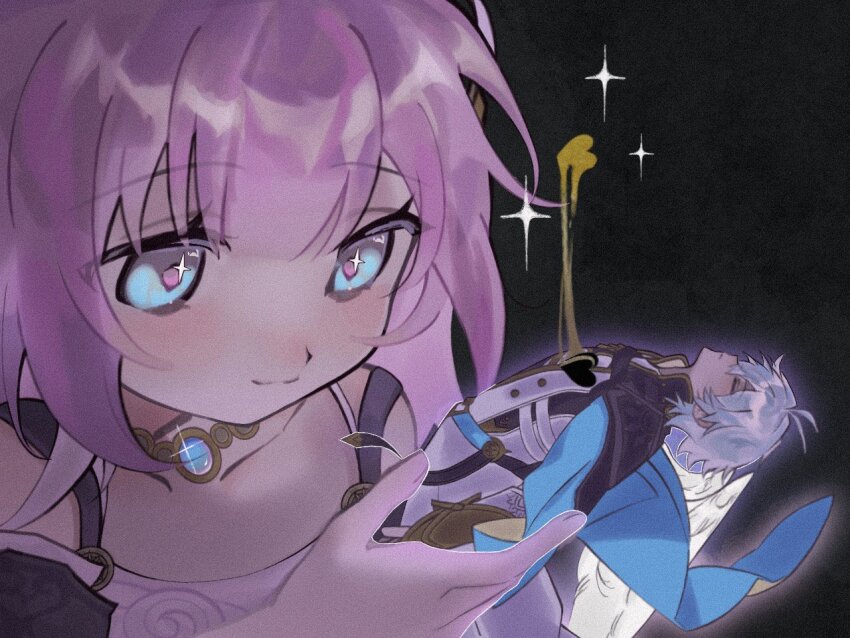 1boy 1girl ahoge black_background blue_eyes coat commentary cyrene_(honkai:_star_rail) dress gold_blood honkai:_star_rail honkai_(series) jewelry necklace phainon_(honkai:_star_rail) pink_hair pink_pupils short_hair smile symbol-only_commentary uvj9x2 white_coat white_dress white_hair