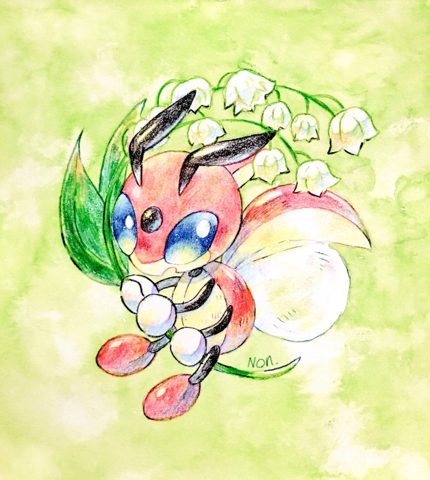 antennae blue_eyes bug creatures_(company) flower full_body game_freak gen_2_pokemon highres holding insect_wings ledian nintendo no_humans non_(kumakawayusu) open_mouth painting_(medium) pokemon pokemon_(creature) solo traditional_media watercolor_(medium) wings