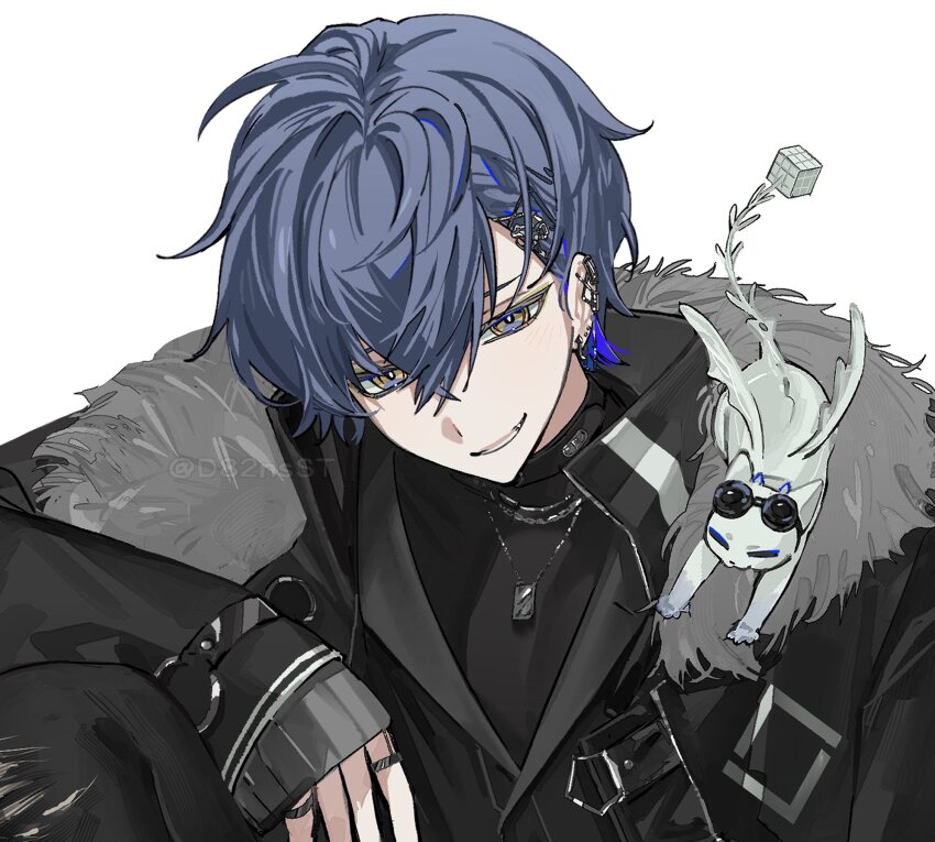 1boy black_jacket black_shirt blue_eyes blue_hair braid cat ear_piercing fur_collar grin hair_ornament highres jacket jewelry koyanagi_rou looking_at_viewer male_focus necklace nijisanji piercing ring shirt short_hair simple_background smile solo upper_body virtual_youtuber wasabi_(d82nsst) white_background white_cat