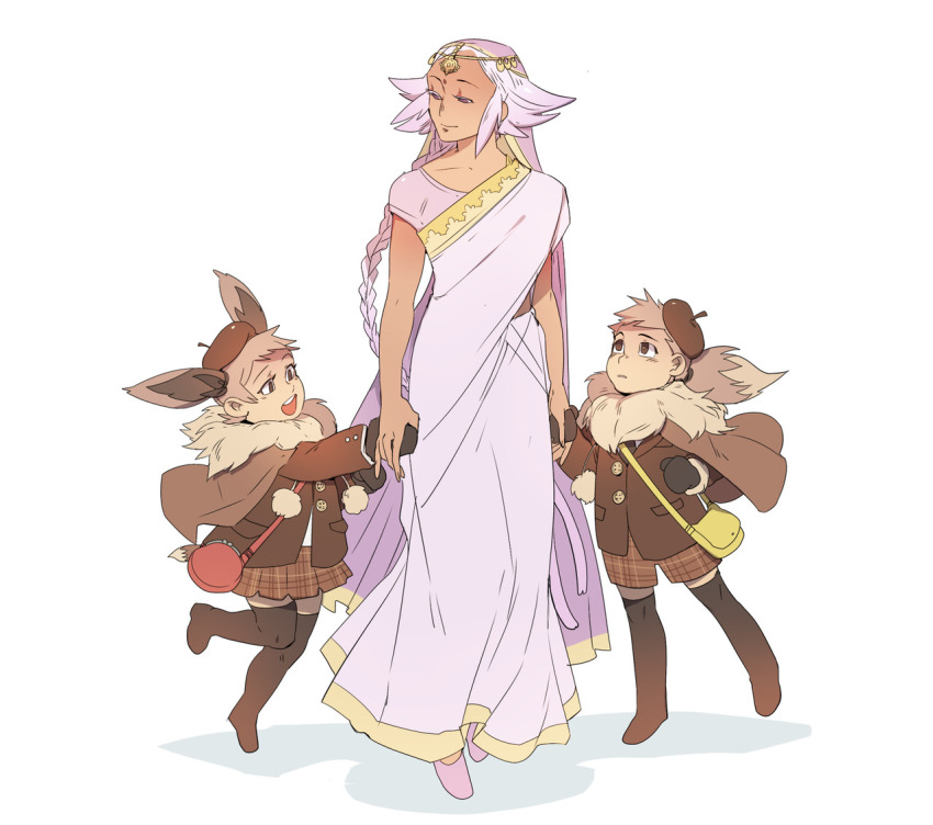animal_ears bag beret black_thighhighs brown_coat brown_hair brown_skirt coat commentary eevee english_commentary espeon facial_mark fake_animal_ears forehead_mark fur_coat gen_1_pokemon gen_2_pokemon handbag hat holding_hands indian_clothes long_hair long_sleeves mittens nintendo nyaph pink_hair pokemon purple_eyes sari skirt standing tan thighhighs