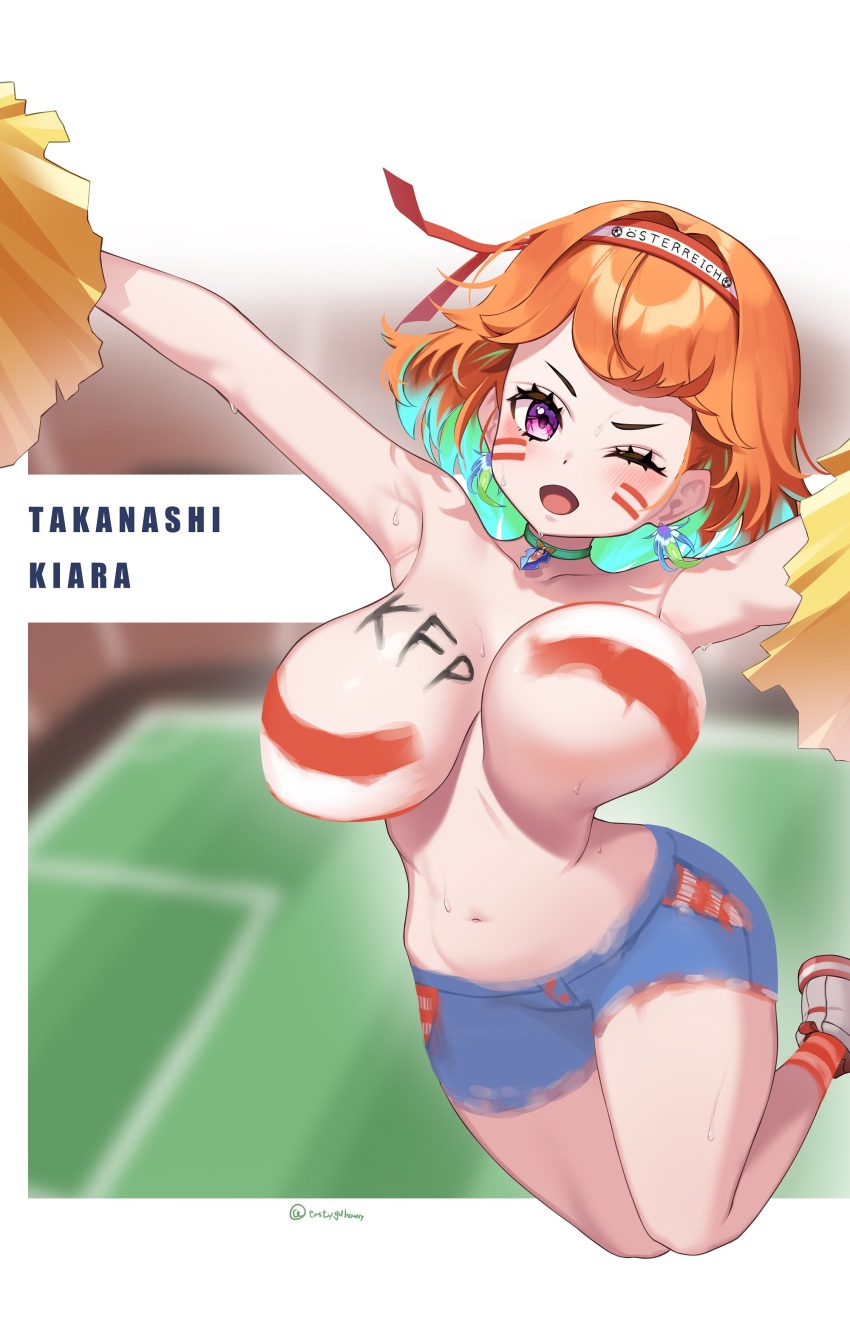 1girl absurdres austrian_flag bodypaint bouncing_breasts breasts cheerleader earrings exhibitionism feather_earrings feathers highres hololive hololive_english jewelry jumping large_breasts long_hair multicolored_hair naked_paint nude orange_hair paint painted_clothes public_indecency purple_eyes smile solo takanashi_kiara tasty_(dudwofla) unaligned_breasts virtual_youtuber