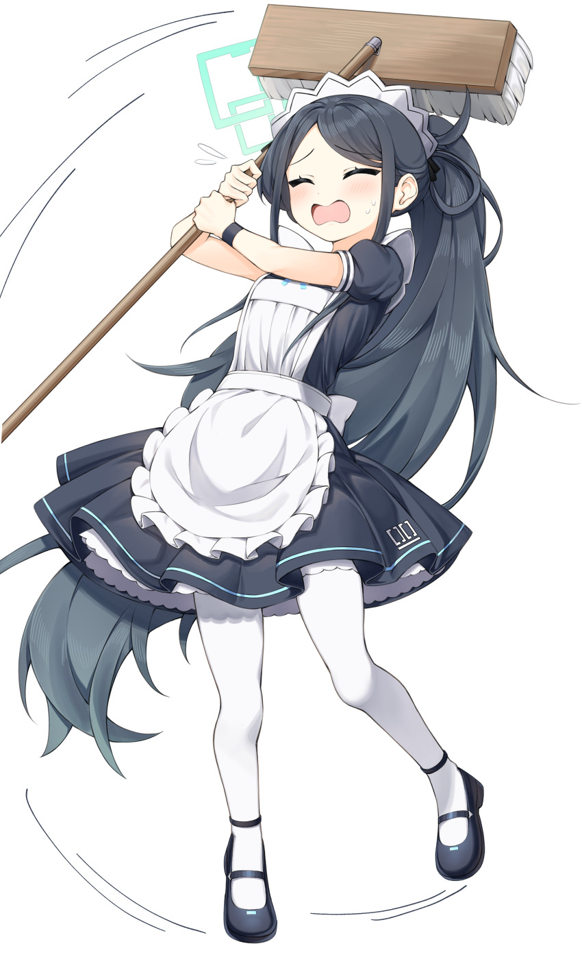 1girl absurdres apron aqua_halo aqua_ribbon aris_(blue_archive) aris_(maid)_(blue_archive) black_hair black_shoes blue_archive blush borrowed_clothes closed_eyes cobe commentary embarrassed flying_sweatdrops frilled_apron frills gradient_hair halo highres holding holding_mop long_hair maid maid_apron maid_headdress mop multicolored_hair number_print official_alternate_costume open_mouth pantyhose parted_bangs ponytail puffy_short_sleeves puffy_sleeves rectangular_halo ribbon shoes short_sleeves simple_background solo sweatdrop very_long_hair white_apron white_background white_pantyhose