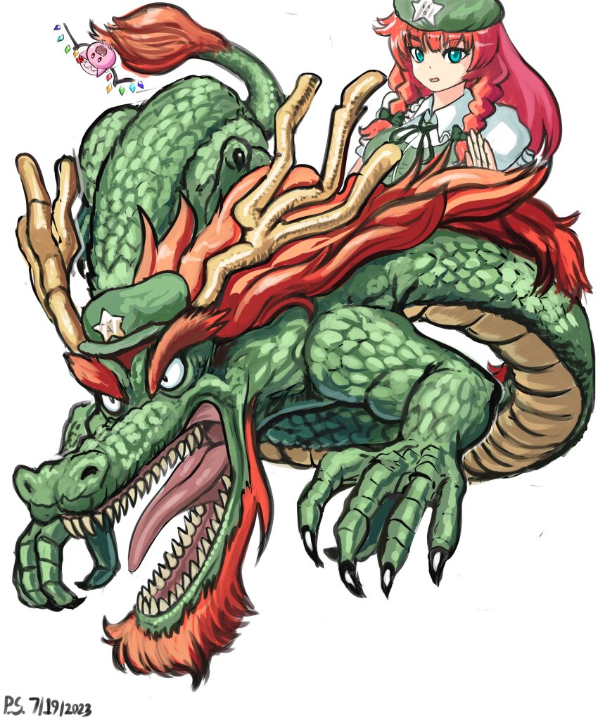 1girl absurdres beret braid commentary dated dragon eastern_dragon english_commentary flandre_scarlet flandre_scarlet_(bat) green_headwear hat hat_ornament highres hong_meiling hong_meiling_(dragon) long_hair profitshame red_hair side_braids signature simple_background star_(symbol) star_hat_ornament teeth touhou twin_braids white_background