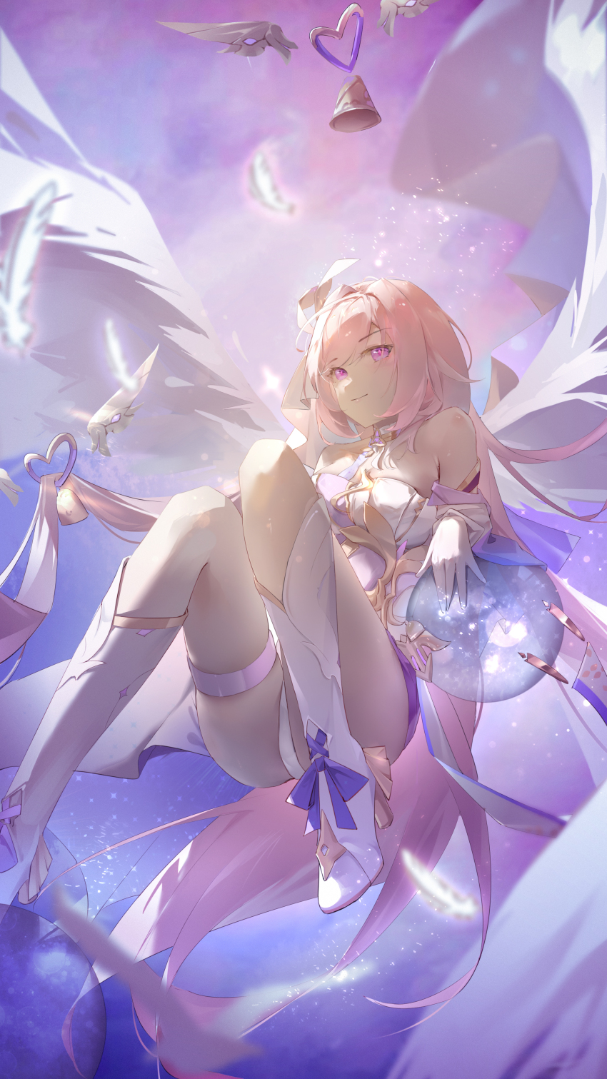 1girl absurdres angel_wings bell black_shorts boots breasts commentary_request corset diamond-shaped_pupils diamond_(shape) elysia_(herrscher_of_human:_ego)_(honkai_impact) elysia_(honkai_impact) hair_ornament highres honkai_(series) honkai_impact_3rd knee_boots large_breasts long_hair pink_hair purple_eyes shorts smile solo symbol-shaped_pupils thigh_strap thighs very_long_hair white_boots white_corset wings zh1k_yy