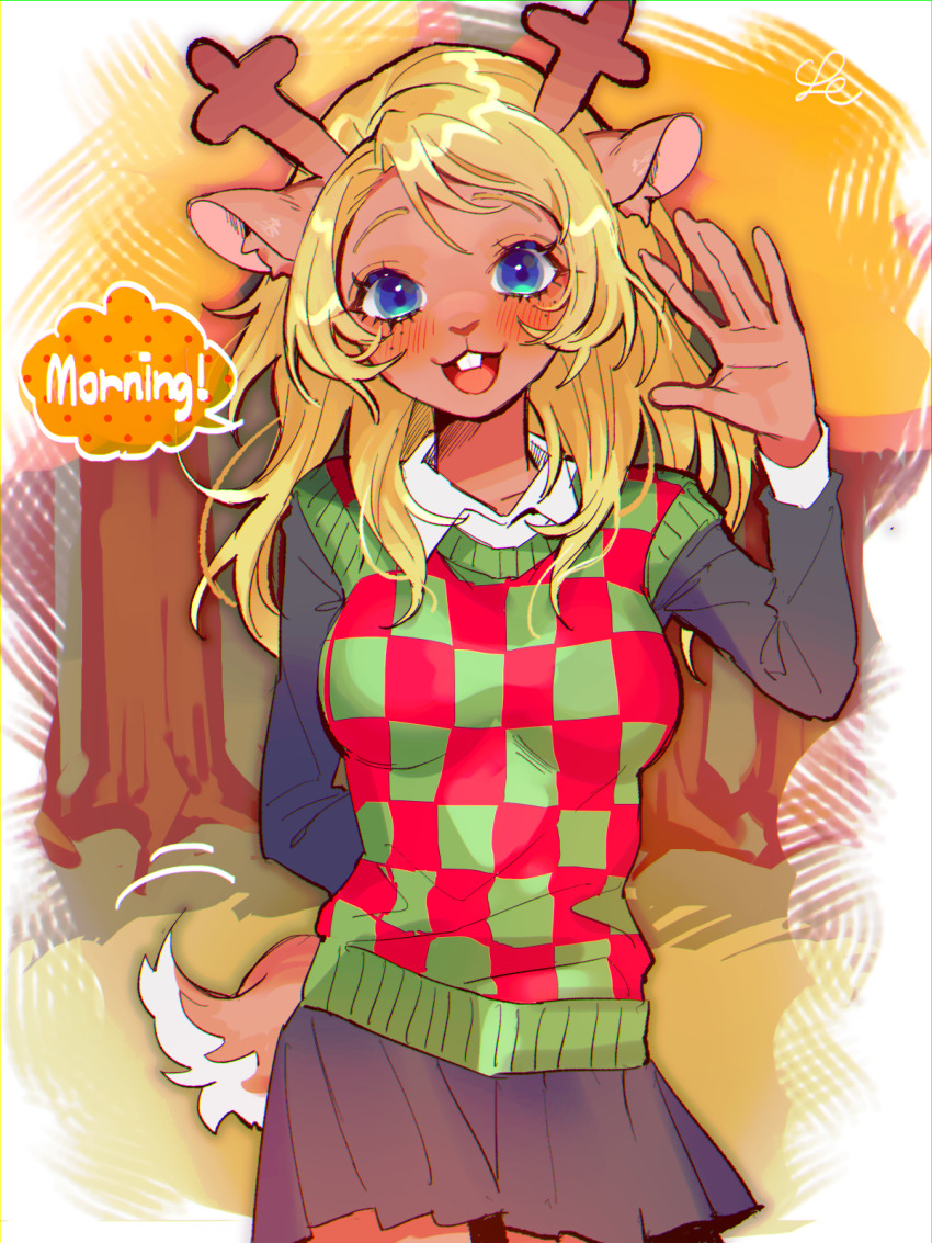 1girl :3 \||/ aegyo_sal animal_ears antlers arm_behind_back black_shirt black_skirt blonde_hair blue_eyes blush border breasts brown_tail checkered_clothes checkered_sweater_vest chromatic_aberration collared_shirt commentary_request cowboy_shot dark-skinned_female dark_skin deer_antlers deer_ears deer_girl deer_tail deltarune english_text freckles furry furry_female grass green_sweater_vest hair_over_shoulder hand_up head_tilt highres horns layered_sleeves long_hair long_sleeves looking_at_viewer medium_breasts miniskirt noelle_holiday open_mouth outdoors outside_border pleated_skirt red_sweater_vest se_(hanahide) shirt skirt solo speech_bubble standing straight-on sweater_vest tail teeth tree two-tone_sweater_vest upper_teeth_only waving white_border white_shirt