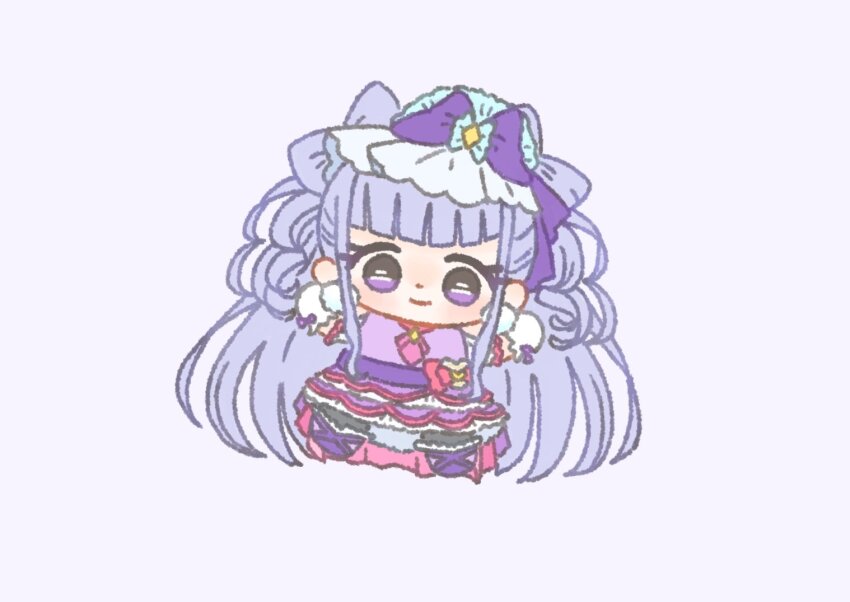 1girl absurdly_long_hair ascot black_pantyhose blue_hat blunt_bangs blunt_ends boots bow bow-shaped_hair chibi closed_mouth cure_amour diamond_brooch dot_nose dress earrings frilled_dress frilled_footwear frilled_headwear frilled_sleeves frills fur_hat gloves happy hat hat_bow hugtto!_precure ichigo_usuhana jewelry light_blush long_hair looking_at_viewer magical_girl makeup mascara medium_dress mini_hat outstretched_arms pantyhose pink_ascot pom_pom_(clothes) pom_pom_earrings precure purple_background purple_boots purple_bow purple_dress purple_eyes purple_hair ruru_amour short_sleeves sidelocks simple_background smile solo tareme train_(clothing) very_long_hair wavy_hair white_gloves white_sleeves wrist_bow yellow_brooch