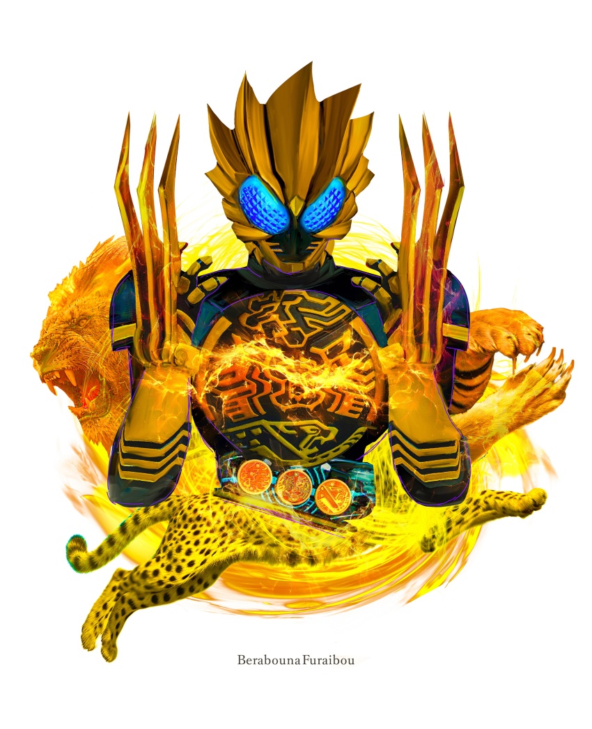absurdres armor black_bodysuit blue_eyes bodysuit claw_(weapon) commentary_request core_medal electricity helmet highres kamen_rider kamen_rider_ooo kamen_rider_ooo_(series) lion male_focus obakelope0530 ooo_driver simple_background upper_body weapon white_background yellow_armor yellow_helmet