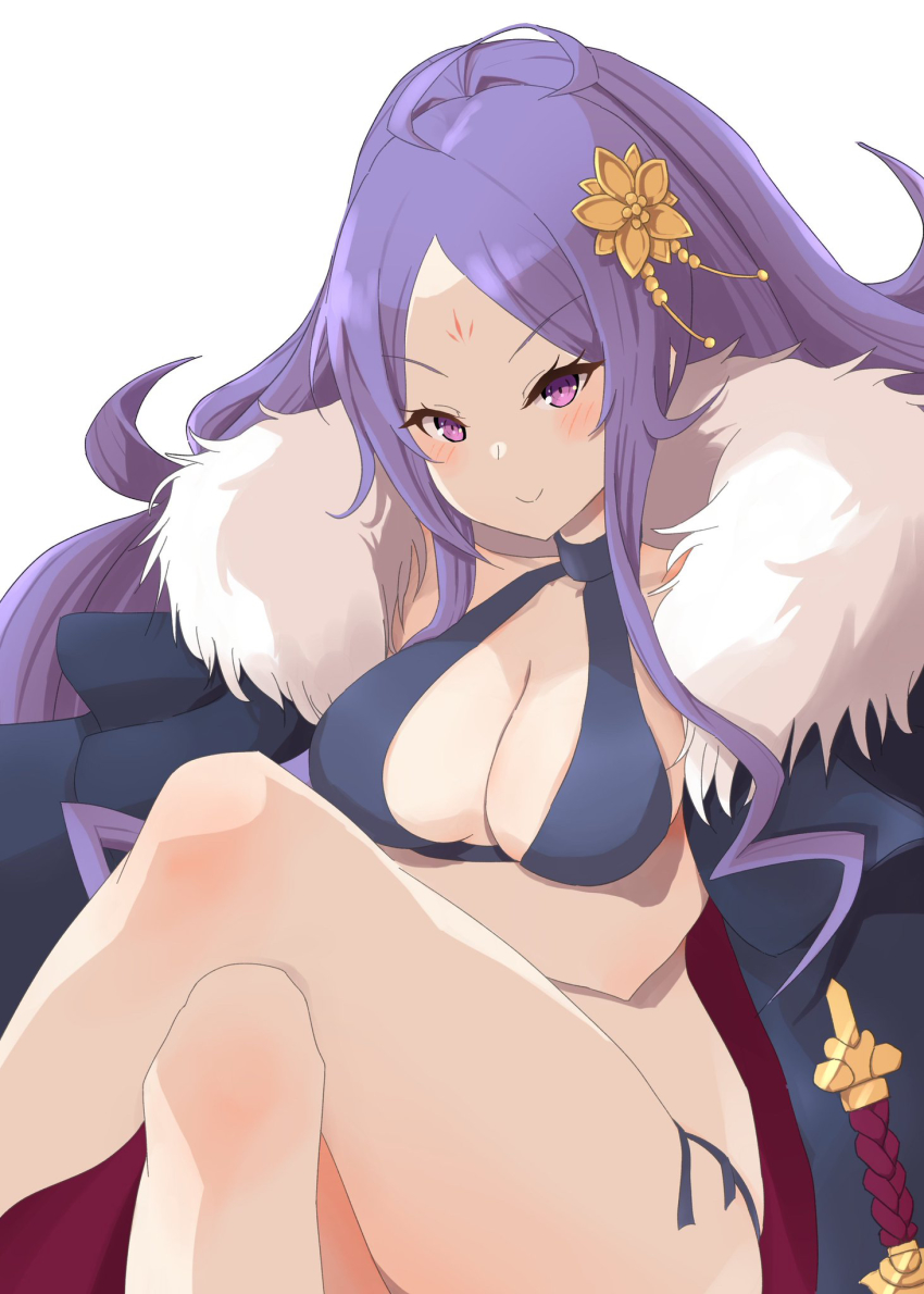 1girl ahoge bikini black_bikini black_cape breasts cape cleavage crossed_legs facial_mark fate/grand_order fate_(series) flower forehead forehead_mark fur-trimmed_cape fur_trim hair_flower hair_ornament highres large_breasts long_hair looking_at_viewer parted_bangs ponytail purple_eyes purple_hair sidelocks sitting smile solo swimsuit thighs very_long_hair wu_zetian_(fate) wu_zetian_(swimsuit_caster)_(fate) wu_zetian_(swimsuit_caster)_(third_ascension)_(fate) yoniki