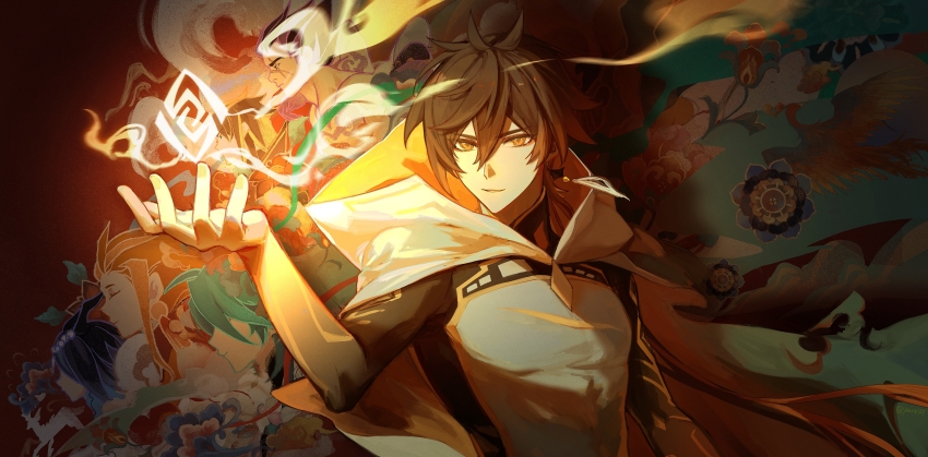 2girls 4boys absurdres arm_tattoo black_hands blue_hair bonanus_(genshin_impact) bosacius_(genshin_impact) brown_hair chinese_commentary closed_mouth coat colored_extremities commentary_request dark earrings eyeliner eyeshadow genshin_impact geo_symbol_(genshin_impact) gold_trim gradient_hair green_hair hair_between_eyes hand_up highres hood hooded_coat indarias_(genshin_impact) jewelry light_particles long_hair low_ponytail makeup male_focus menogias_(genshin_impact) multicolored_hair multiple_boys multiple_girls mural ponytail purple_hair red_eyeliner red_eyeshadow red_hair sidelocks single_earring solo_focus tassel tassel_earrings tattoo weapon white_coat xiao_(genshin_impact) yellow_eyes yuu4127 zhongli_(genshin_impact)