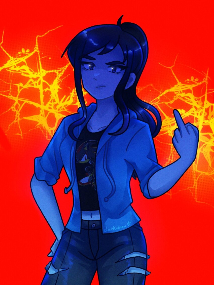 1girl black_shirt class_of_09 decal denim derkdrew124 hand_on_own_hip highres jacket jeans long_hair looking_at_viewer middle_finger navel nicole_(class_of_09) open_clothes open_jacket pants ponytail shadow_the_hedgehog shirt sleeves_rolled_up torn_clothes torn_jeans torn_pants