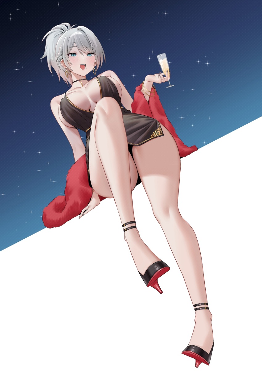 1girl black_choker black_dress black_footwear blue_background bracelet breasts bygin character_request choker copyright_request cup dress earrings gold_bracelet grey_hair high_heels highres holding holding_cup jacket jewelry large_breasts legs long_sleeves red_footwear red_jacket revealing_clothes sleeveless sleeveless_dress solo sparkle_background thighs two-tone_background two-tone_footwear white_background