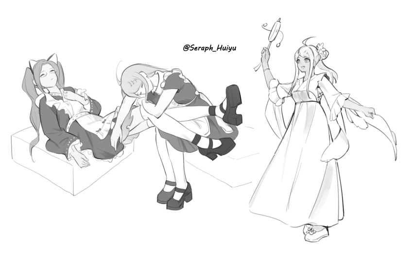 2girls :d ahoge akamatsu_kaede animal_ears apron artist_name cat_ears danganronpa_(series) danganronpa_v3:_killing_harmony dress ewa_(seraphhuiyu) fake_animal_ears fortissimo hair_ornament hairclip happy highres long_hair long_sleeves maid multiple_girls musical_note musical_note_hair_ornament open_mouth ribbon-trimmed_sleeves ribbon_trim shirogane_tsumugi shoes sitting smile twintails white_background