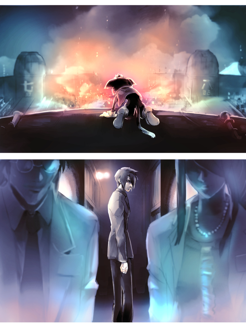 1girl 2boys black_fur black_hair black_jacket black_pants boots breasts brown_footwear brown_hair cait_sith_(final_fantasy) cape cat coat collared_shirt crown explosion final_fantasy final_fantasy_vii final_fantasy_vii_rebirth final_fantasy_vii_remake gloves hair_between_eyes hair_over_one_eye highres jacket jewelry lab_coat library long_hair looking_at_another lucrecia_crescent medium_breasts mini_crown multiple_boys necklace niwawaka pants pearl_necklace professor_houjou red_cape round_eyewear shirt short_hair sidelocks suit_jacket swept_bangs upper_body vincent_valentine white_coat white_gloves white_shirt