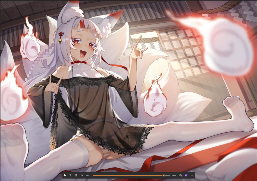 1girl animal_ear_fluff animal_ears breasts cluseller colored_eyelashes crop_top double_fox_shadow_puppet facial_mark fang fox fox_ears fox_girl fox_shadow_puppet garter_belt grey_hair gumi_(virtual_hertz) hair_ornament highres lifting_own_clothes lingerie multicolored_hair multiple_tails navel negligee no_shoes open_mouth panties red_eyes red_hair see-through_clothes skin_fang small_breasts soles spread_legs streaked_hair striped_clothes striped_panties tail thighhighs underwear virtual_hertz whisker_markings white_eyelashes white_garter_belt white_hair white_panties white_thighhighs