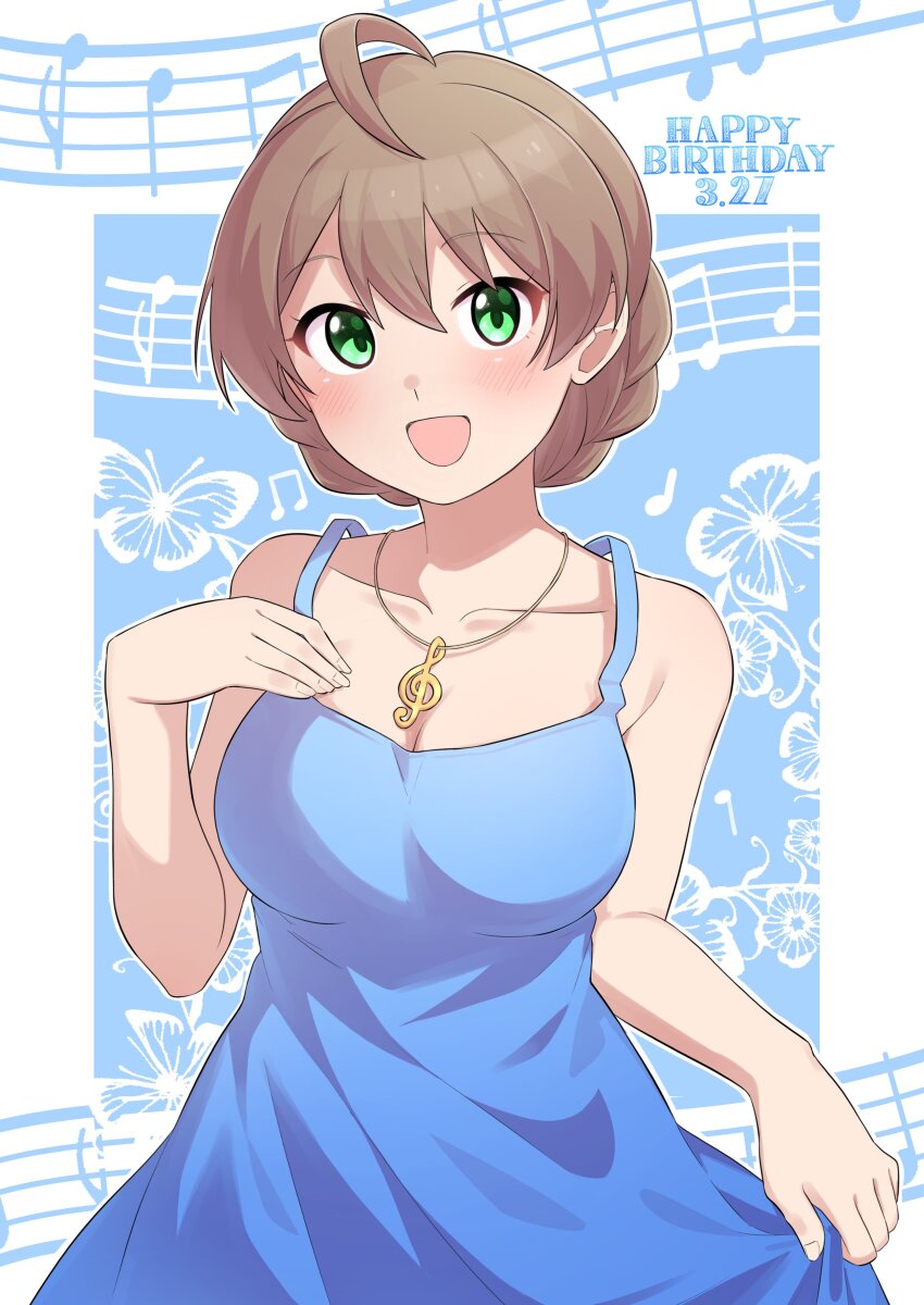 1girl absurdres ahoge alternate_costume arm_at_side bare_arms bare_shoulders birthday blue_background blue_dress braid breasts brown_hair bug butterfly cleavage collarbone commentary_request dated dress english_text fingernails flower green_eyes hair_between_eyes hand_on_own_chest hand_up happy_birthday highres idolmaster idolmaster_million_live! insect large_breasts looking_at_viewer musical_note musical_note_necklace ngetyan open_mouth sakuramori_kaori sidelocks skirt_hold sleeveless sleeveless_dress smile solo standing three_quarter_view tongue upper_body