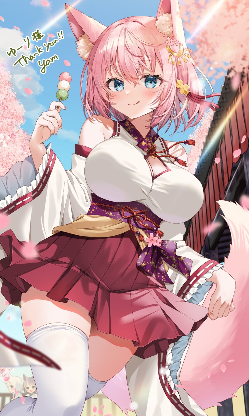 3girls absurdres animal_ear_fluff animal_ears artist_name bare_shoulders blue_eyes blue_sky blush breasts cherry_blossoms cleavage cleavage_cutout closed_mouth clothing_cutout commentary_request commission commissioner_name dango detached_sleeves falling_petals food fox_ears fox_girl fox_tail hair_between_eyes hair_ornament highres holding holding_skewer japanese_clothes kimono large_breasts long_sleeves looking_at_viewer medium_breasts multiple_girls obi original outdoors petals pink_hair red_skirt sanshoku_dango sash skeb_commission skewer skirt sky solo_focus tail thank_you thighhighs tongue tongue_out wagashi white_kimono white_thighhighs wide_sleeves yam_(yamap_mako)