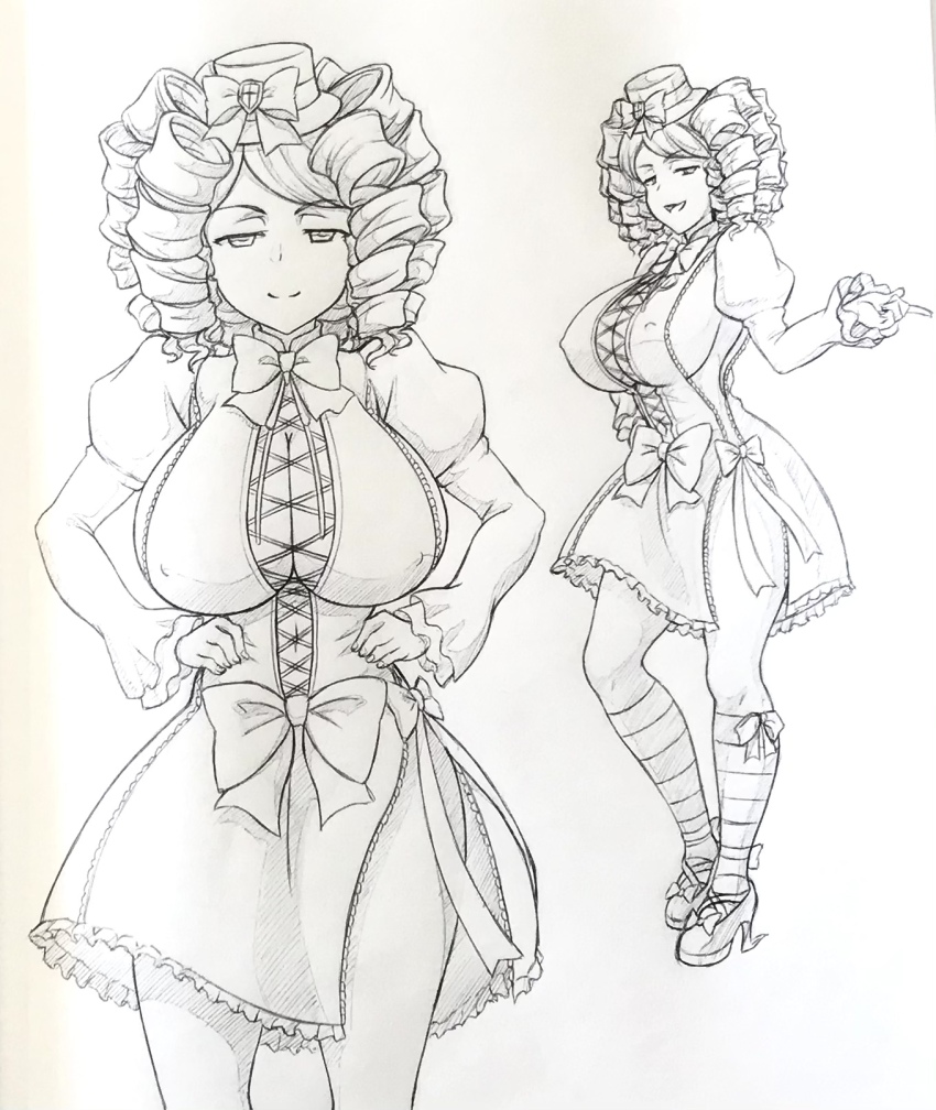 1girl abridged-satoko breasts covered_erect_nipples drill_hair gaap_(umineko) half-closed_eyes hand_on_own_hip hands_on_own_hips highres large_breasts looking_at_viewer monochrome multiple_views nail_polish navel open_mouth seductive_gaze seductive_smile sideboob sketch smile thick_thighs thighhighs thighs traditional_media umineko_no_naku_koro_ni