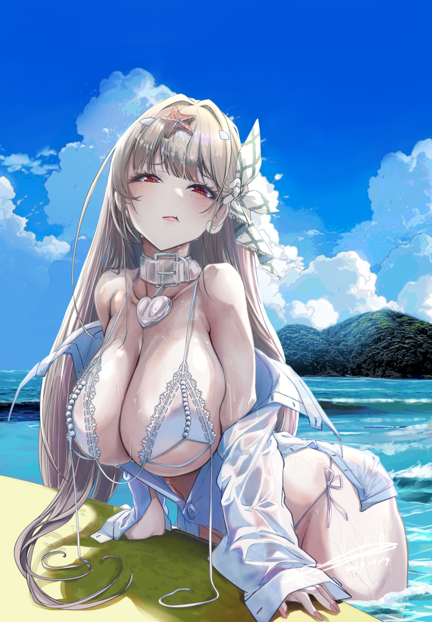 1girl absurdres bikini blonde_hair blunt_bangs blush breasts cleavage closed_mouth collar collarbone commentary_request day goddess_of_victory:_nikke hair_ornament heart_collar highres huge_breasts hyotenka_ichido lace lace-trimmed_bikini lace_trim large_breasts long_hair long_sleeves looking_at_viewer mountain navel ocean official_alternate_costume outdoors partially_submerged pearl_bikini red_eyes shirt side-tie_swimsuit sidelocks sky smile solo starfish_hair_ornament swimsuit viper_(nikke) viper_(shine_of_love)_(nikke) wet white_bikini white_shirt