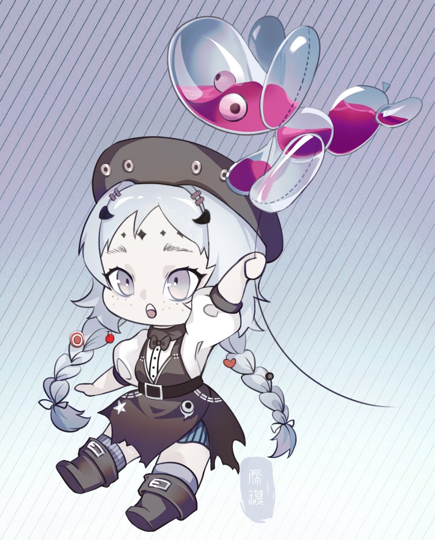 1girl :o absurdres arm_up balloon balloon_animal balloon_party beret black_bow black_bowtie black_hat black_shoes black_skirt bow bowtie braid chibi da_ge_penqi diagonal-striped_background facial_mark forehead_mark freckles full_body gradient_background grey_eyes grey_hair grey_socks hat highres holding holding_balloon long_hair low_twin_braids overall_skirt pale_skin puffy_short_sleeves puffy_sleeves purple_background reverse:1999 seal_script shirt shoes short_sleeves skirt socks solo sparkle_facial_mark striped_background twin_braids very_long_hair white_shirt