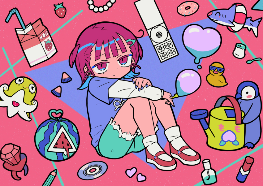 1girl aqua_shorts bird blue_eyes blue_hair blue_nails blue_shirt bottle broken_heart candle cd_player closed_mouth donut expressionless food fork fruit fur-trimmed_shorts fur_trim hand_on_own_arm hand_on_own_knee heart holding holding_fork indie_utaite layered_sleeves lipstick long_sleeves looking_at_viewer makeup milk_carton multicolored_eyes multicolored_hair nanawo_akari octopus official_art pencil penguin perfume_bottle pink_background pink_eyes pink_hair red_footwear renai-no_(nanawo_akari) ribbon ring_pop rubber_duck shark shirt short_hair short_over_long_sleeves short_sleeves shorts sitting socks spoon swim_ring terada_tera two-tone_eyes two-tone_hair two_side_up watering_can watermelon white_ribbon white_shirt white_socks