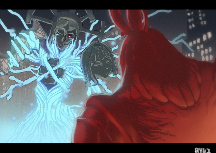 blood bloody_marie_(skullgirls) building eliza_(skullgirls) energy giant giant_monster kaiju letterboxed monster mother_(skullgirls) outdoors ryuji_(red-truth) sekhmet_(skullgirls) skullgirls skyscraper statue veins
