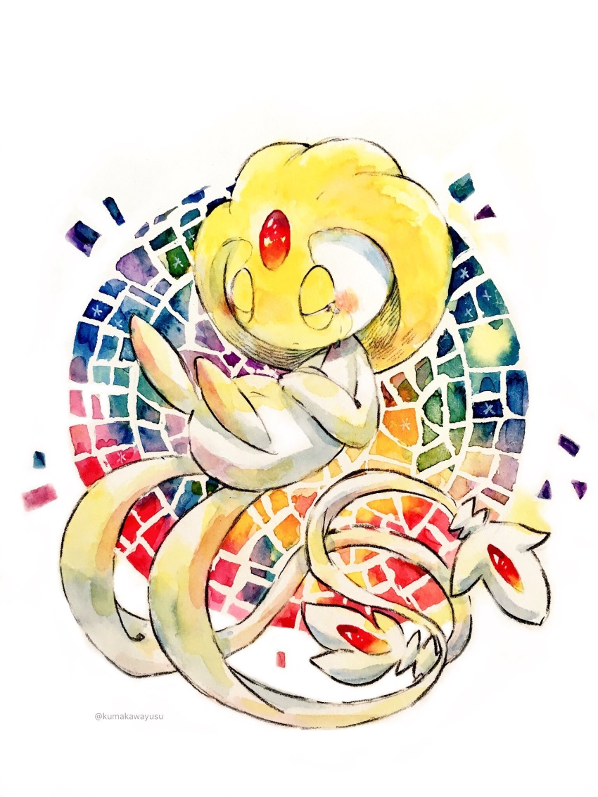 closed_mouth floating forehead_jewel full_body gen_4_pokemon highres legendary_pokemon nintendo no_humans non_(kumakawayusu) painting_(medium) pokemon pokemon_(creature) solo tears traditional_media twitter_username uxie watercolor_(medium)