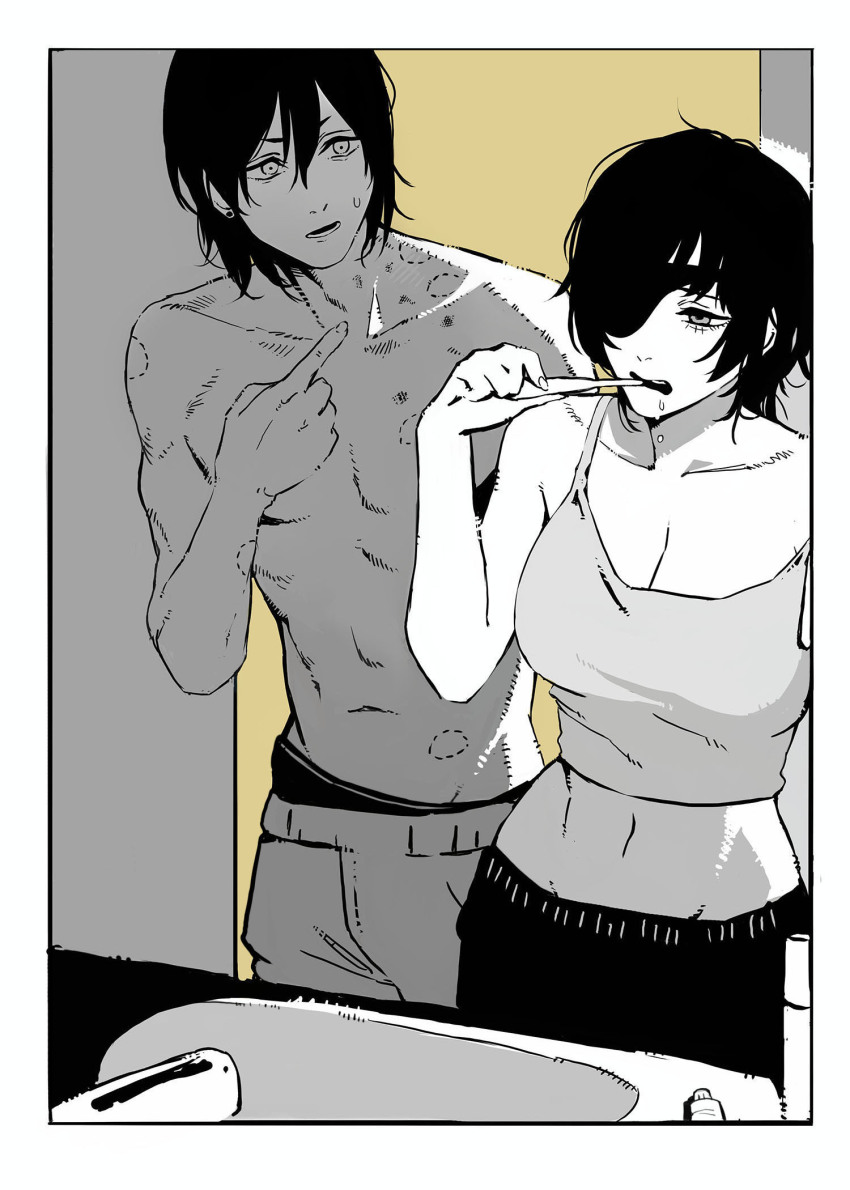 1boy 1girl aftersex bite_mark brushing_teeth chainsaw_man eyepatch greyscale hayakawa_aki highres himeno_(chainsaw_man) monochrome shirt sleeveless sleeveless_shirt tomatoketchup96 topless_male underwear