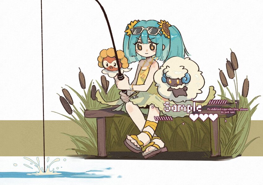 1girl :o alternate_color bare_shoulders blue_hair blue_horns blunt_bangs brown_eyes castform castform_(sunny) cattail commentary commission cotton_(plant) dress eyewear_on_head fishing flower fluffy full_body gen_3_pokemon gen_5_pokemon hair_flower hair_ornament highres horns looking_at_object nintendo outdoors plant pokemon pokemon_(creature) ribbon robinlovesop sandals shiny_pokemon simple_background sitting sunflower sunflower_hair_ornament twintails whimsicott white_background yellow_dress yellow_eyes yellow_ribbon
