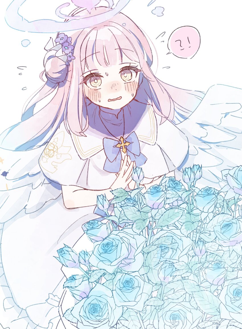 !? 1girl absurdres blue_archive blue_bow blue_bowtie blue_flower blue_tulip blunt_bangs blush bow bowtie capelet dress feathered_wings flower flying_sweatdrops hair_bun halo highres long_dress long_sleeves looking_at_viewer low_wings mika_(blue_archive) open_mouth own_hands_together pink_hair sailor_collar sidelocks simple_background single_side_bun solo spoken_interrobang sweat tachibana_(tachibanableu) tulip wavy_mouth white_background white_capelet white_dress white_sailor_collar white_wings wings yellow_eyes