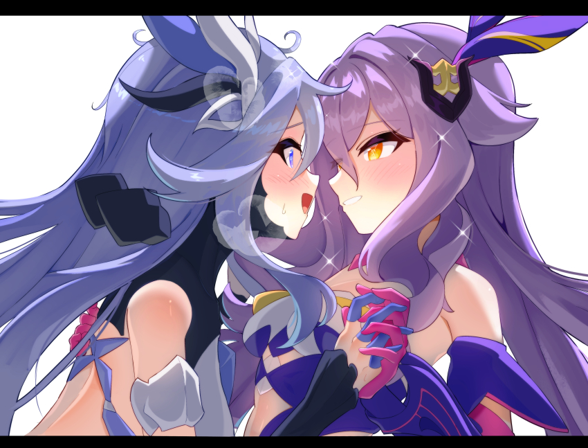 2girls absurdres bare_shoulders bella_(honkai_impact) benares_(honkai_impact) blue_eyes blue_hair blush commentary_request eight_(eight3rd1) from_side hair_ornament highres holding_hands honkai_(series) honkai_impact_3rd horns letterboxed long_hair looking_at_another multiple_girls open_mouth purple_hair sirin small_sweatdrop smile yellow_eyes yuri