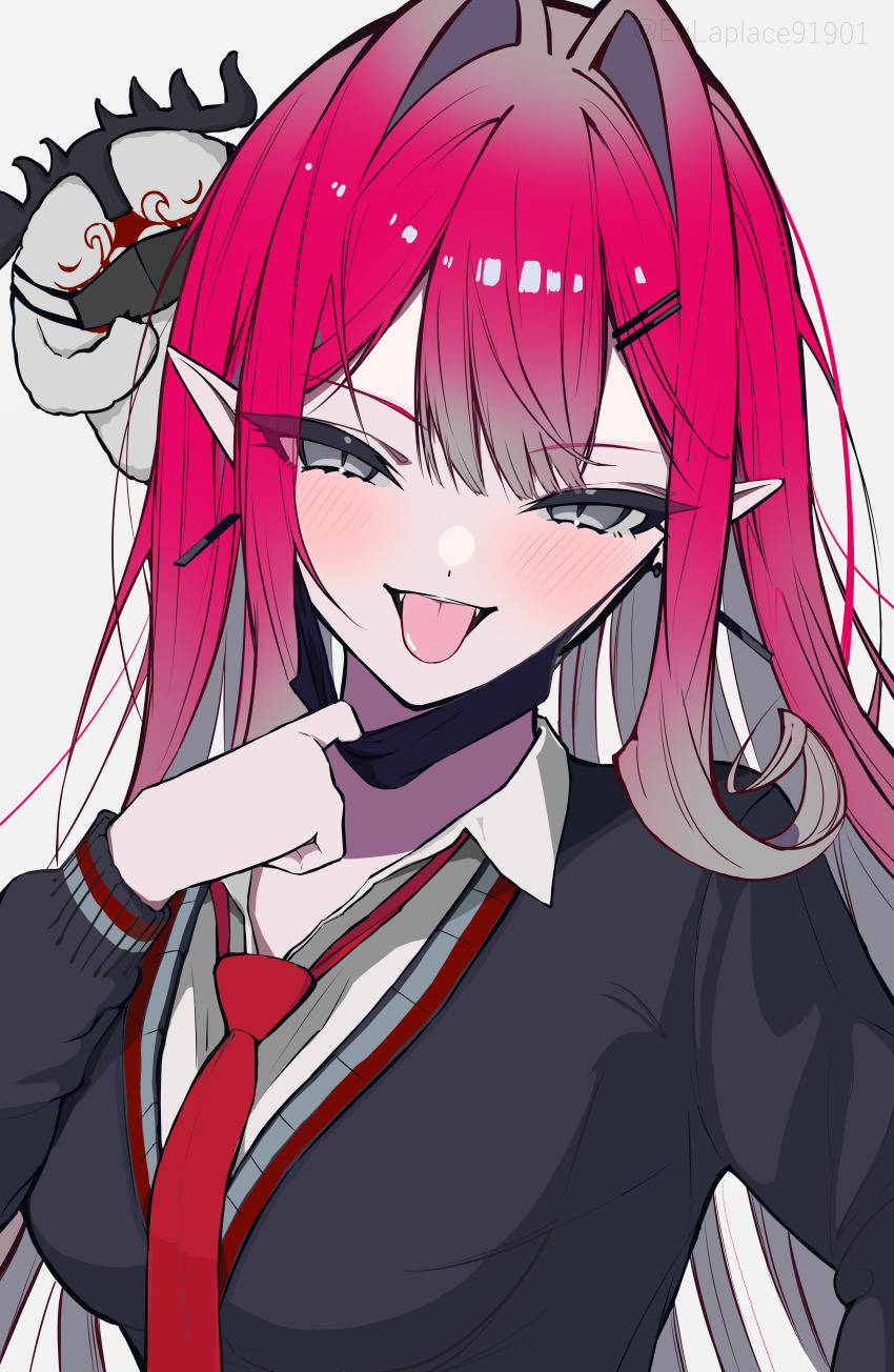 1girl absurdres baobhan_sith_(fate) blush breasts cernunnos_(fate) faerie_knights_(fate) fate/grand_order fate_(series) frills grey_eyes highres long_hair looking_at_viewer necktie open_mouth pointy_ears pull_face_mask red_hair red_necktie school_uniform simple_background solo tongue tongue_out uriuriyukitti white_background