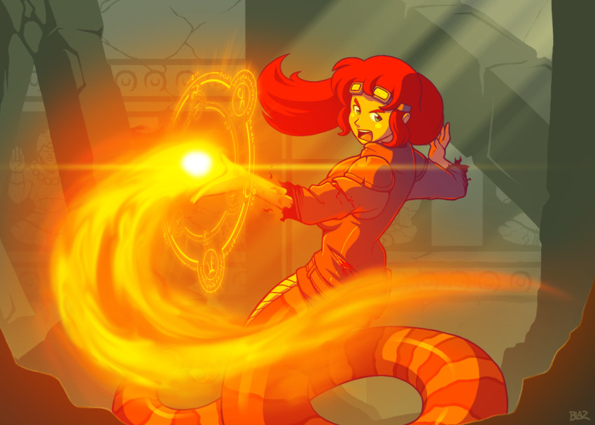 1girl blazbaros fire goggles lamia looking_at_viewer magic_circle monster_girl open_mouth original red_hair solo