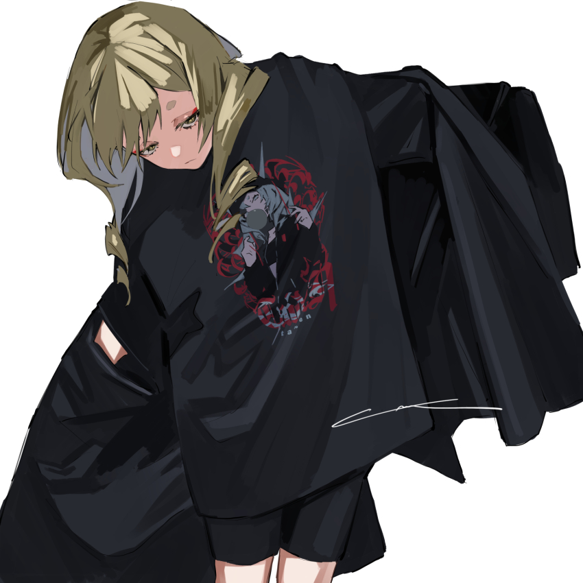1girl black_jacket black_shirt black_shorts brown_eyes brown_hair closed_mouth highres jacket lam_(ramdayo) long_hair off_shoulder open_clothes open_jacket original shirt short_eyebrows short_sleeves shorts simple_background solo standing thick_eyebrows white_background