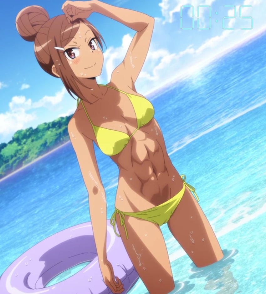 1girl abs artist_request beach bikini blush breasts brown_eyes brown_hair dark-skinned_female dark_skin dumbbell_nan_kilo_moteru? eyelashes hair_bun hair_ornament hair_up hairclip halterneck happy highres looking_at_viewer navel ocean segment_display side-tie_bikini_bottom single_hair_bun small_breasts smile solo source_request standing string_bikini swimsuit tan uehara_ayaka_(danberu_nan_kiro_moteru?) yellow_bikini