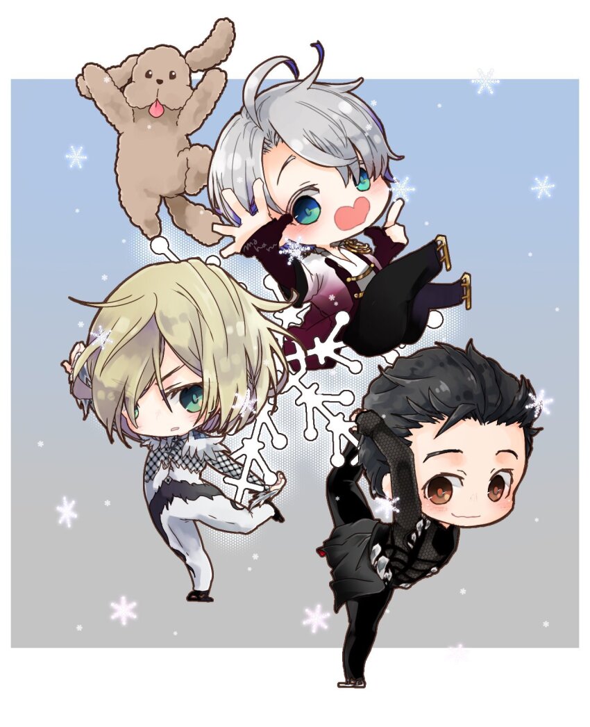 3boys ahoge aqua_eyes arms_behind_head black_hair black_pants blonde_hair bob_cut brown_eyes chibi closed_mouth dog feather_trim figure_skating gloves green_eyes grey_hair hair_over_one_eye hair_slicked_back highres ice_skates katsuki_yuuri kh_524 letterboxed looking_at_viewer makkachin male_focus medium_hair multiple_boys open_mouth outstretched_hand pants parted_lips partially_fingerless_gloves pointing short_hair skates smile snowflakes viktor_nikiforov white_pants yuri!!!_on_ice yuri_plisetsky