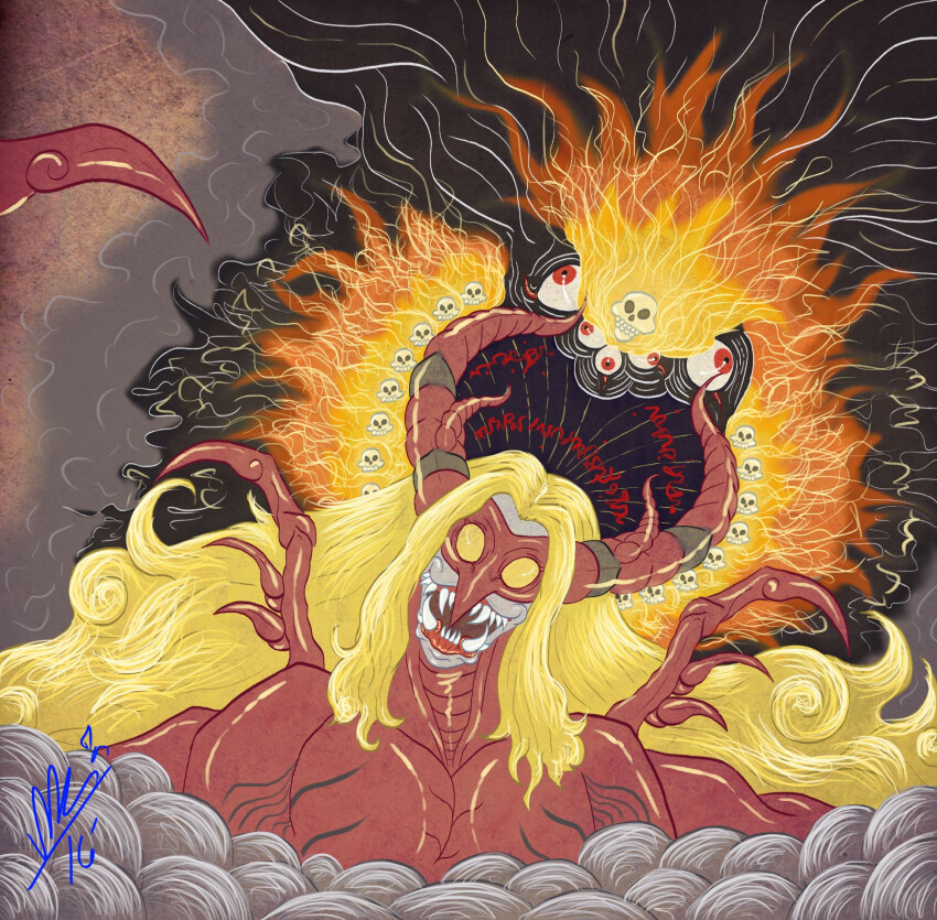 blonde_hair digimon digimon_(creature) horns mask sharp_teeth teeth venomvamdemon yellow_eyes