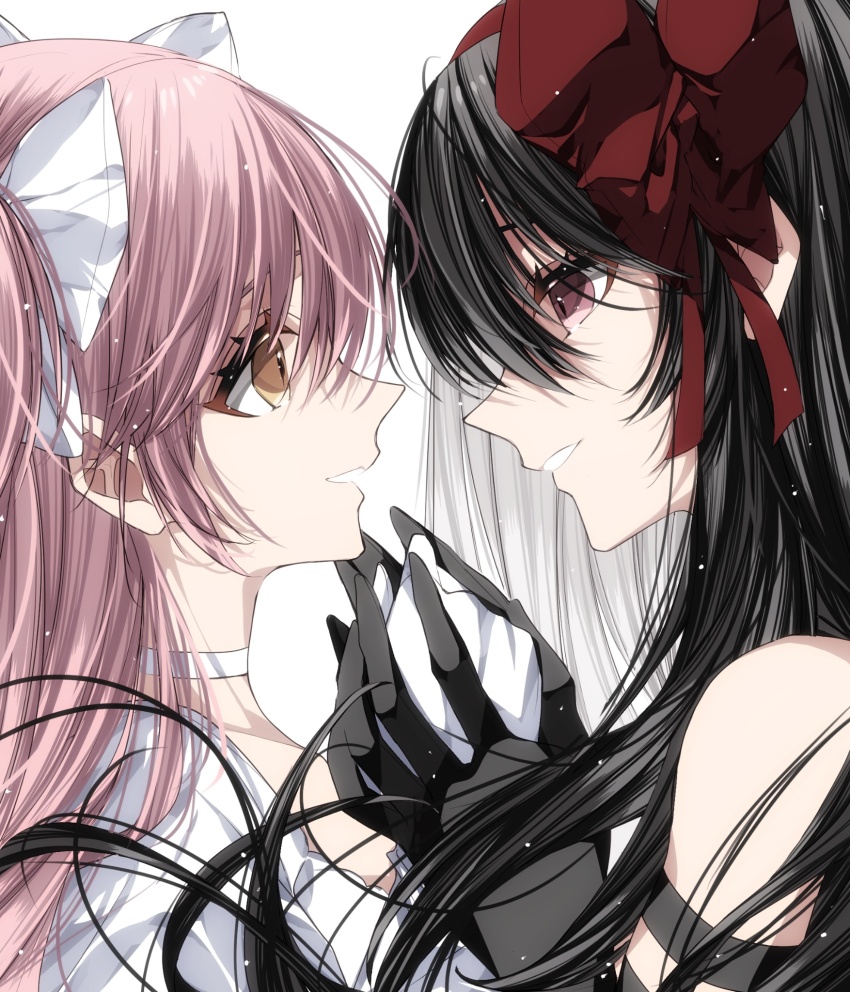 2girls akemi_homura akuma_homura black_gloves black_hair bow choker gloves hair_bow highres holding_hands kaname_madoka long_hair looking_at_another mahou_shoujo_madoka_magica mahou_shoujo_madoka_magica:_hangyaku_no_monogatari misteor multiple_girls open_mouth pink_hair purple_eyes red_bow smile ultimate_madoka white_bow white_choker white_gloves yellow_eyes yuri