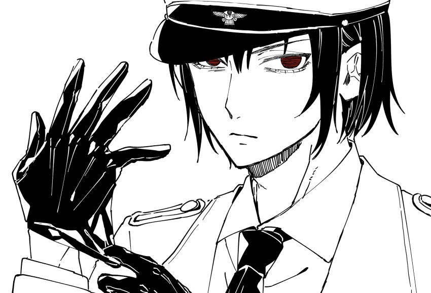 1boy awarinko closed_mouth collared_shirt glove_pull hair_between_eyes hat highres jacket looking_at_viewer male_focus monochrome necktie peaked_cap red_eyes shirt simple_background solo spot_color spy_x_family upper_body v-shaped_eyebrows white_background yuri_briar