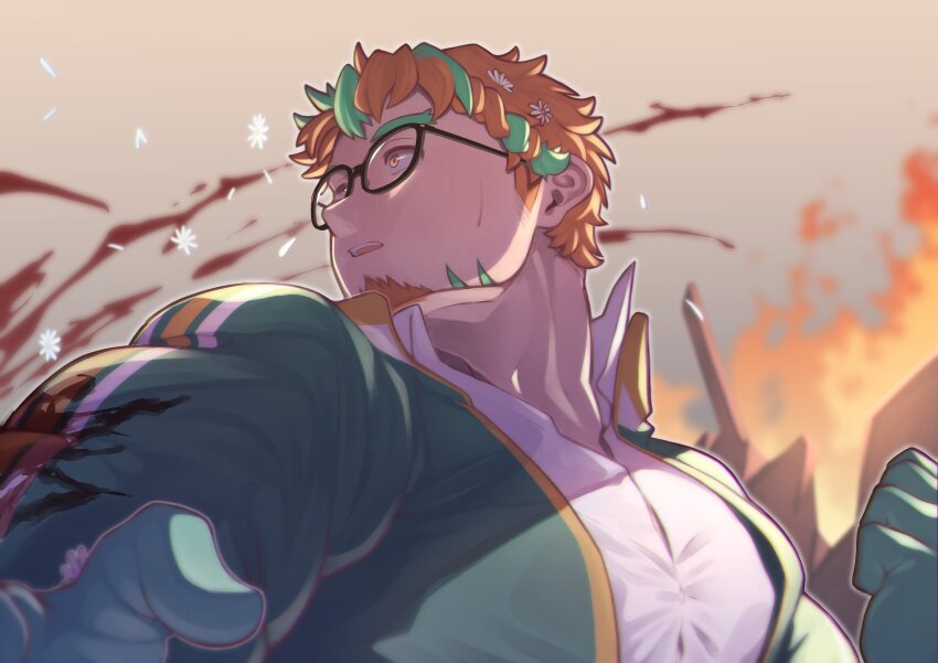 1boy absurdres bara black-framed_eyewear blood blood_on_arm clenched_hand facial_hair fire gloves goatee green_gloves green_jacket highres hippolytus_(housamo) jacket looking_to_the_side male_focus open_mouth orange_eyes orange_hair osu_(osumankokuou) shirt short_hair sideburns_stubble solo stubble tokyo_houkago_summoners upper_body white_shirt