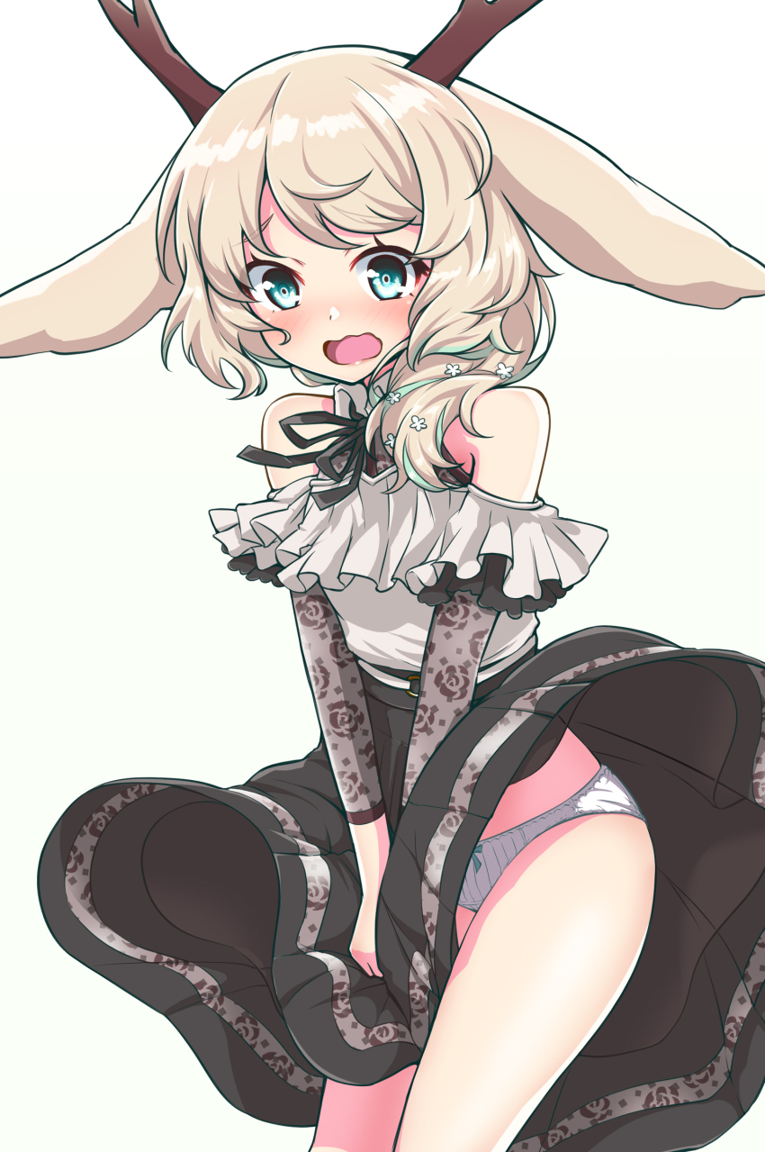 1girl absurdres animal_ears antlers black_ribbon black_skirt blue_eyes blush bow bow_panties brown_hair commentary_request deer_ears deer_girl detached_sleeves dot_nose eyelashes grey_shirt highres horns nanashi_inc. nervous orange-bird panties ribbon shirt simple_background skirt skirt_tug solo tsukinoki_tirol underwear virtual_youtuber white_background white_panties