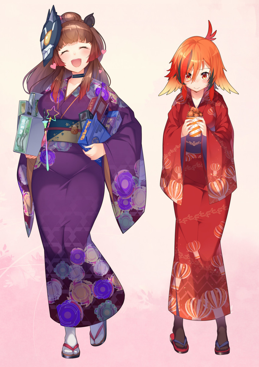 2girls nanashi_inc. animal_ears animare blush brown_hair capybara_ears closed_eyes food full_body hair_between_eyes highres japanese_clothes kazami_kuku kimono kokka_han long_hair looking_at_viewer mask mask_on_head multicolored_hair multiple_girls obi open_mouth pink_background red_hair sash short_hair streaked_hair virtual_youtuber wide_sleeves yukata yunohara_izumi