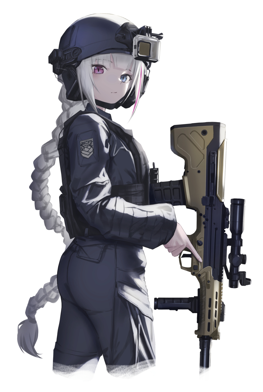 1girl action_camera assault_rifle battle_rifle blue_eyes blue_hat blue_pants blue_shirt bulletproof_vest bullpup cargo_pants closed_mouth combat_helmet cropped_legs desert_tech_mdr foregrip girls&#039;_frontline griffin_&amp;_kryuger_logo gun hat helmet heterochromia highres holding holding_gun holding_weapon light_blush long_braid long_sleeves mdr_(girls&#039;_frontline) military_combat_uniform military_uniform multicolored_hair pants pink_eyes rifle scope shirt simple_background solo streaked_hair tactical_clothes video_camera weapon white_background white_hair yakupan